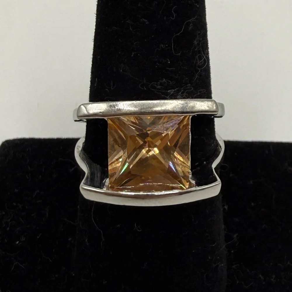 18K Gold Electroplate Champagne CZ Statement Ring Size 8